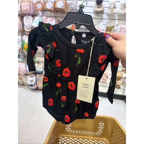 Kyte Baby Girls Black Red Poppy Floral Bamboo Bubble Romper 3-6 Months NWT - Picture 1 of 1